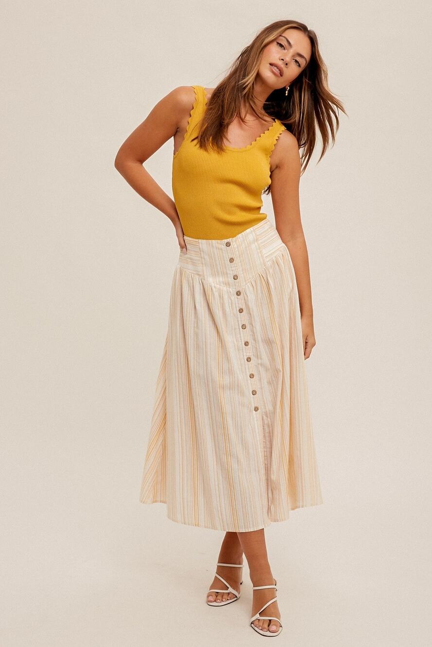Button Front Smocked Back Multi Striped Midi Skirt